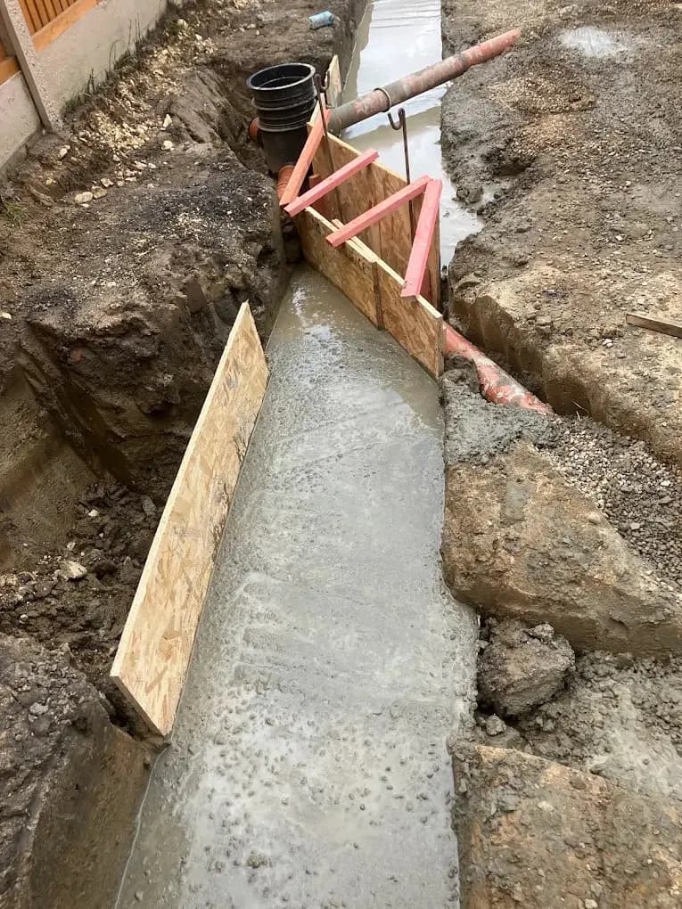 Concrete footing trench poured with timber shuttering