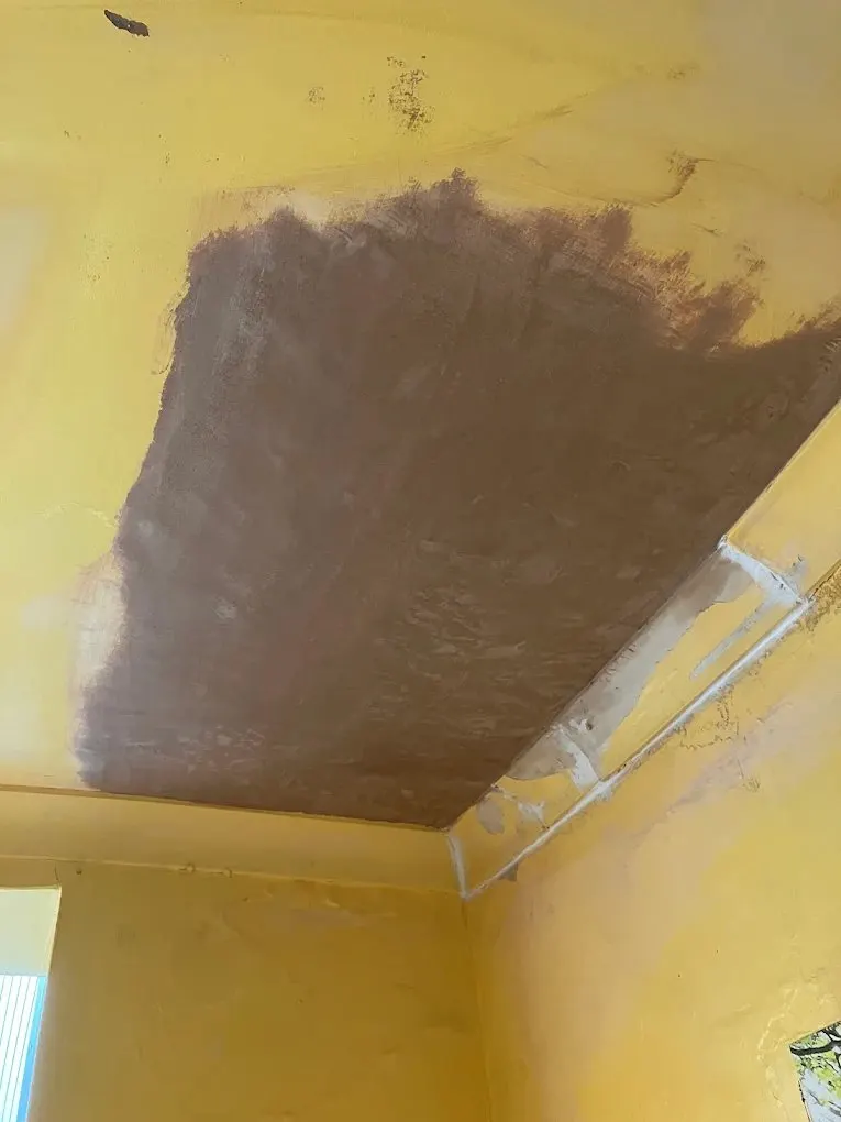 Patch plaster repair on a ceiling after a roof leak